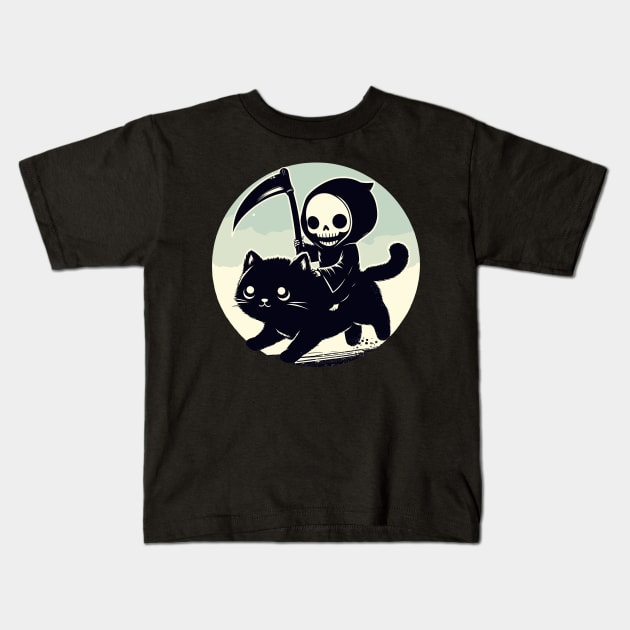 Kawaii Grim Reaper Riding on Black Cat Kids T-Shirt by TomFrontierArt